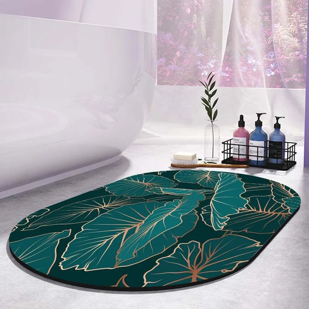 Super Absorbent Diatomaceous Earth Stone Bath Mat,Alocasia-Large-Green-Leaves Quick-Drying Bathroom Carpets,Non Slip Bathtub Floor Mat，Easy to Clean, Simple Kitchen Doormat(Oval 43×70cm)