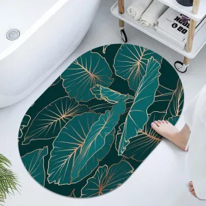 Super Absorbent Diatomaceous Earth Stone Bath Mat,Alocasia-Large-Green-Leaves Quick-Drying Bathroom Carpets,Non Slip Bathtub Floor Mat，Easy to Clean, Simple Kitchen Doormat(Oval 43×70cm)