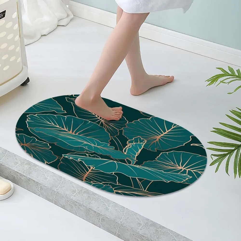 Super Absorbent Diatomaceous Earth Stone Bath Mat,Alocasia-Large-Green-Leaves Quick-Drying Bathroom Carpets,Non Slip Bathtub Floor Mat，Easy to Clean, Simple Kitchen Doormat(Oval 43×70cm)