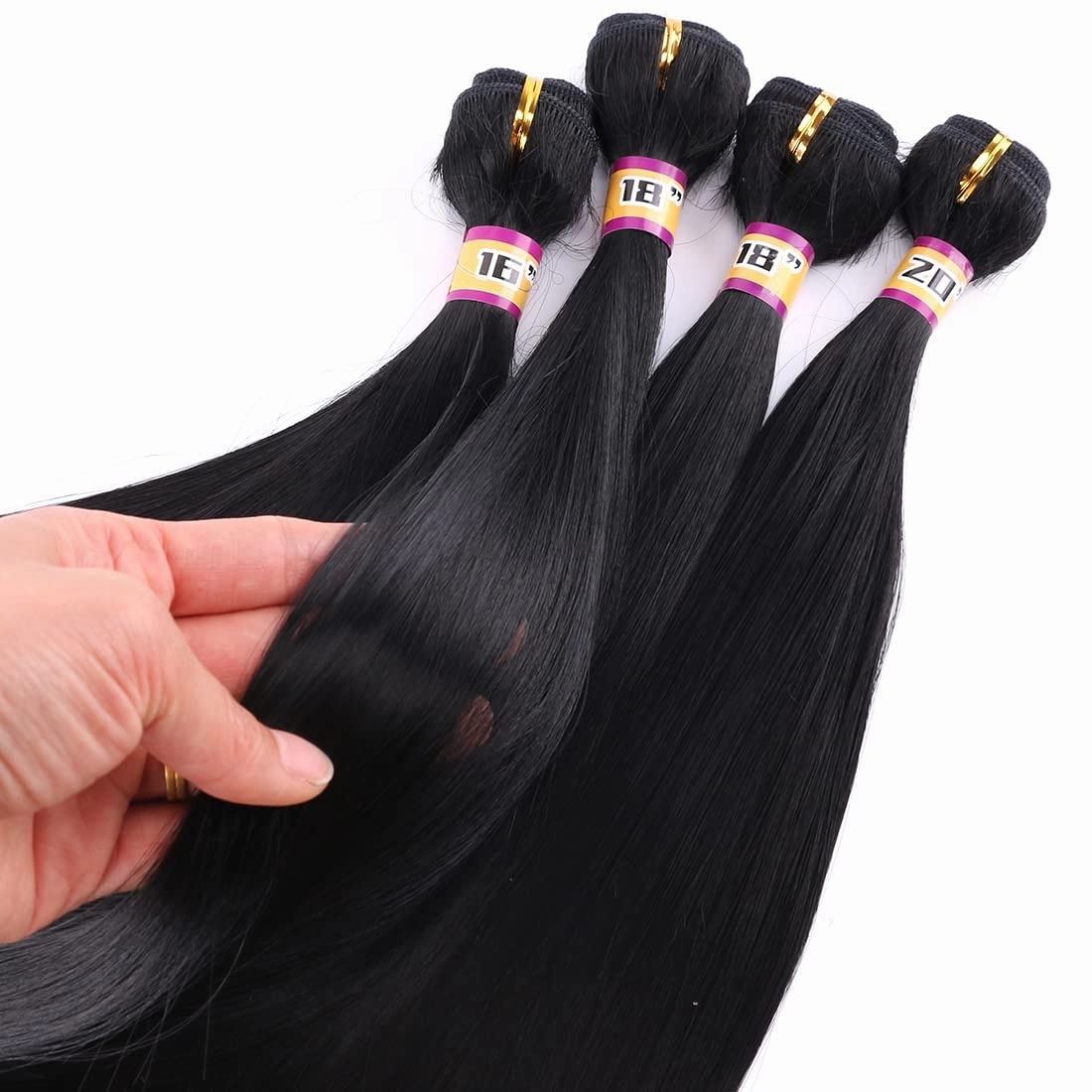Synthetic Silky Straight Hair Weave 4 Bundles 16 18 18 20 Inches Natural Black Color 1B Double Weft Fiber Hair Extensions