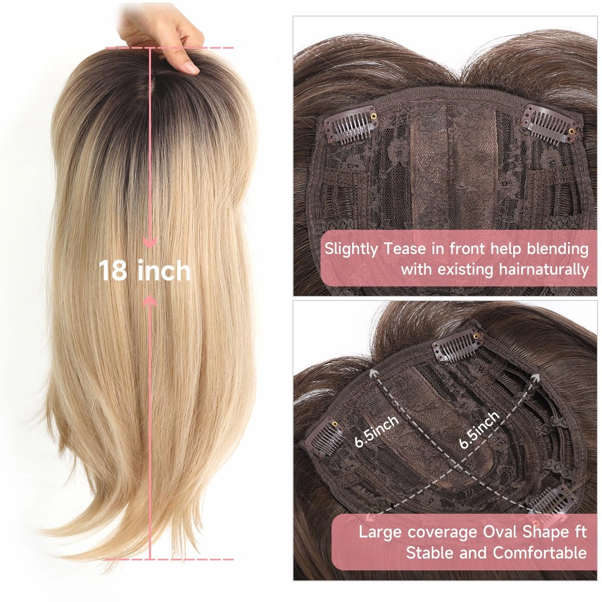 Synthetic Straight Blonde Hair Topper, 18 inch, 6.5" x 6.5", Partial Coverage, Clips, Heat Resistant