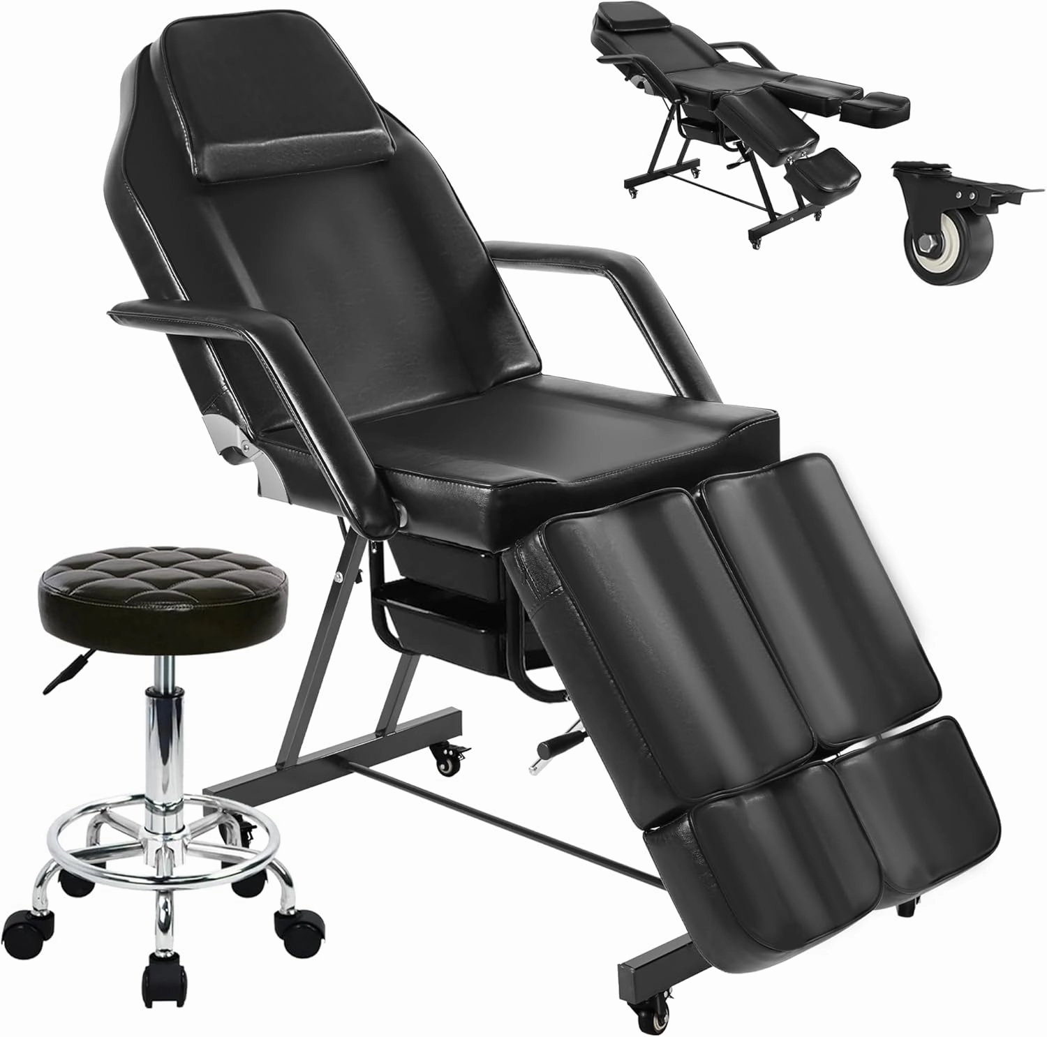 Tattoo Artist Chair Split Legs, Black Facial Chair for Esthetician with Wheels, Professional Extension Lash Bed Adjustable Massage Salon Inkbed Beauty Spa Table with Tray