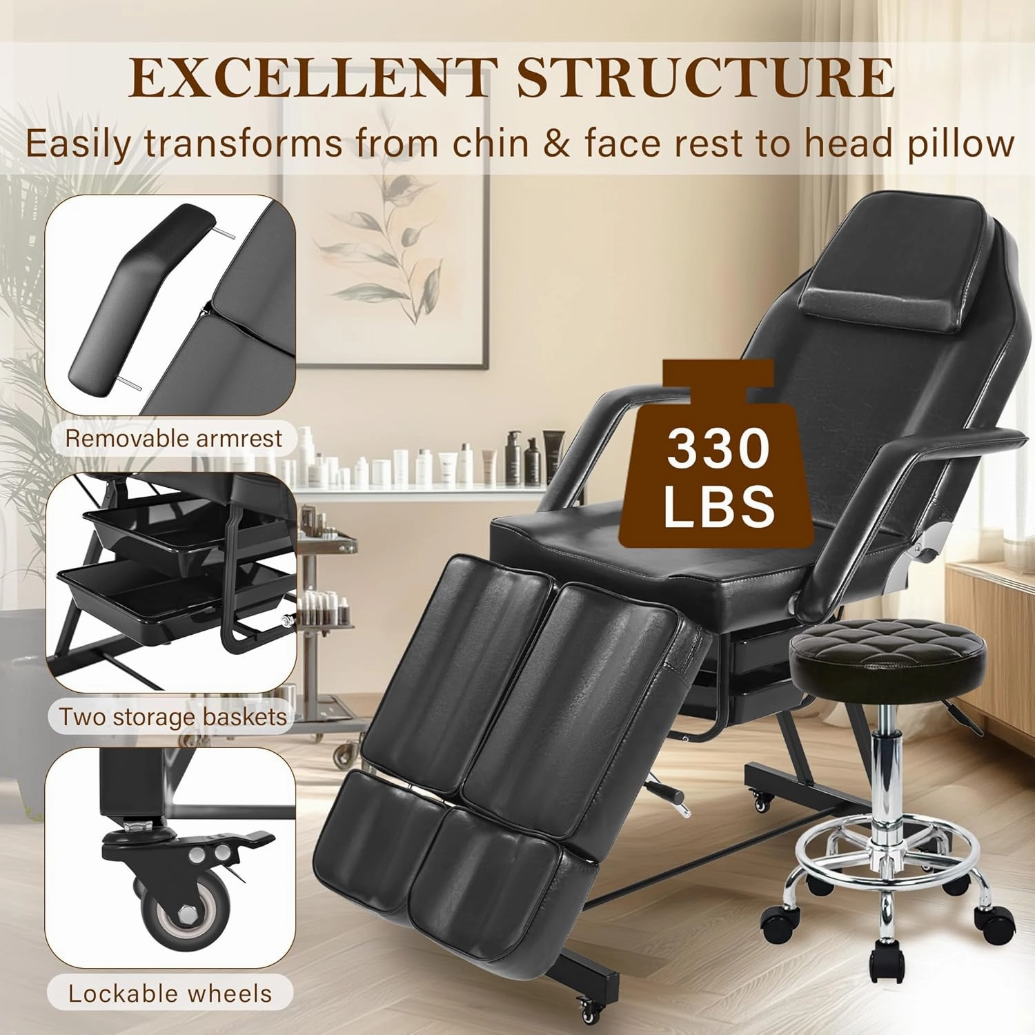 Tattoo Artist Chair Split Legs, Black Facial Chair for Esthetician with Wheels, Professional Extension Lash Bed Adjustable Massage Salon Inkbed Beauty Spa Table with Tray
