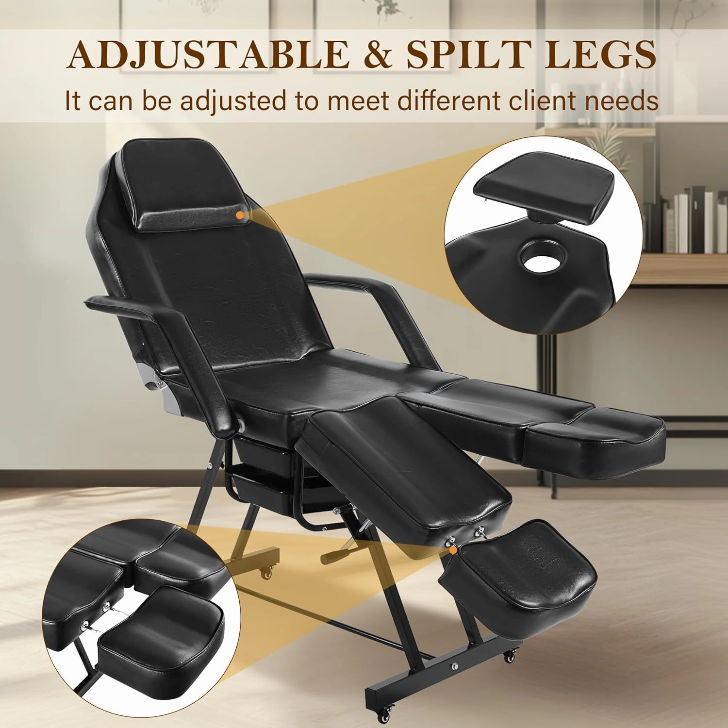 Tattoo Artist Chair Split Legs, Black Facial Chair for Esthetician with Wheels, Professional Extension Lash Bed Adjustable Massage Salon Inkbed Beauty Spa Table with Tray