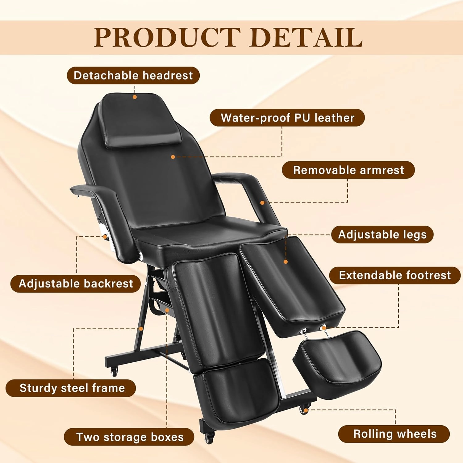 Tattoo Artist Chair Split Legs, Black Facial Chair for Esthetician with Wheels, Professional Extension Lash Bed Adjustable Massage Salon Inkbed Beauty Spa Table with Tray