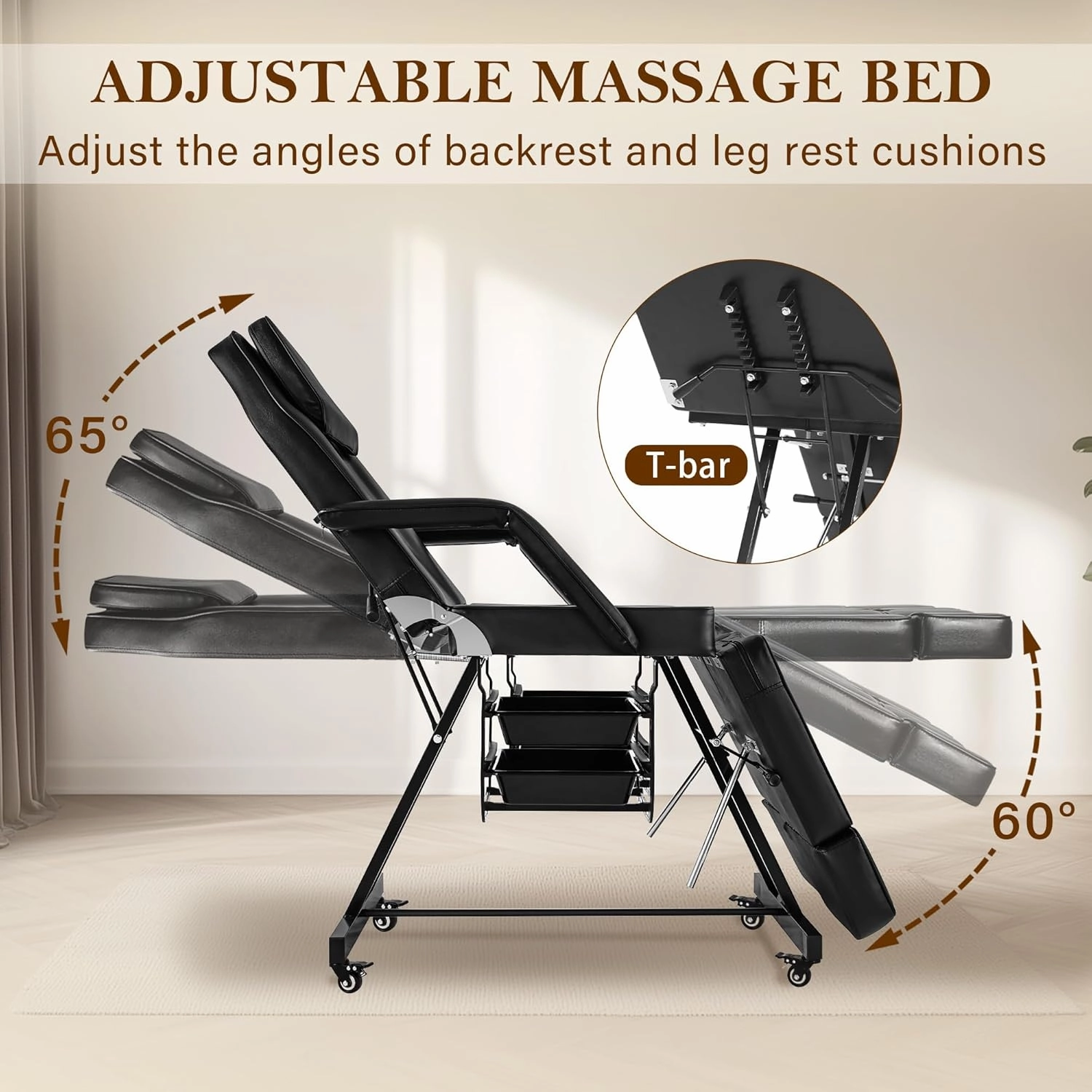 Tattoo Artist Chair Split Legs, Black Facial Chair for Esthetician with Wheels, Professional Extension Lash Bed Adjustable Massage Salon Inkbed Beauty Spa Table with Tray