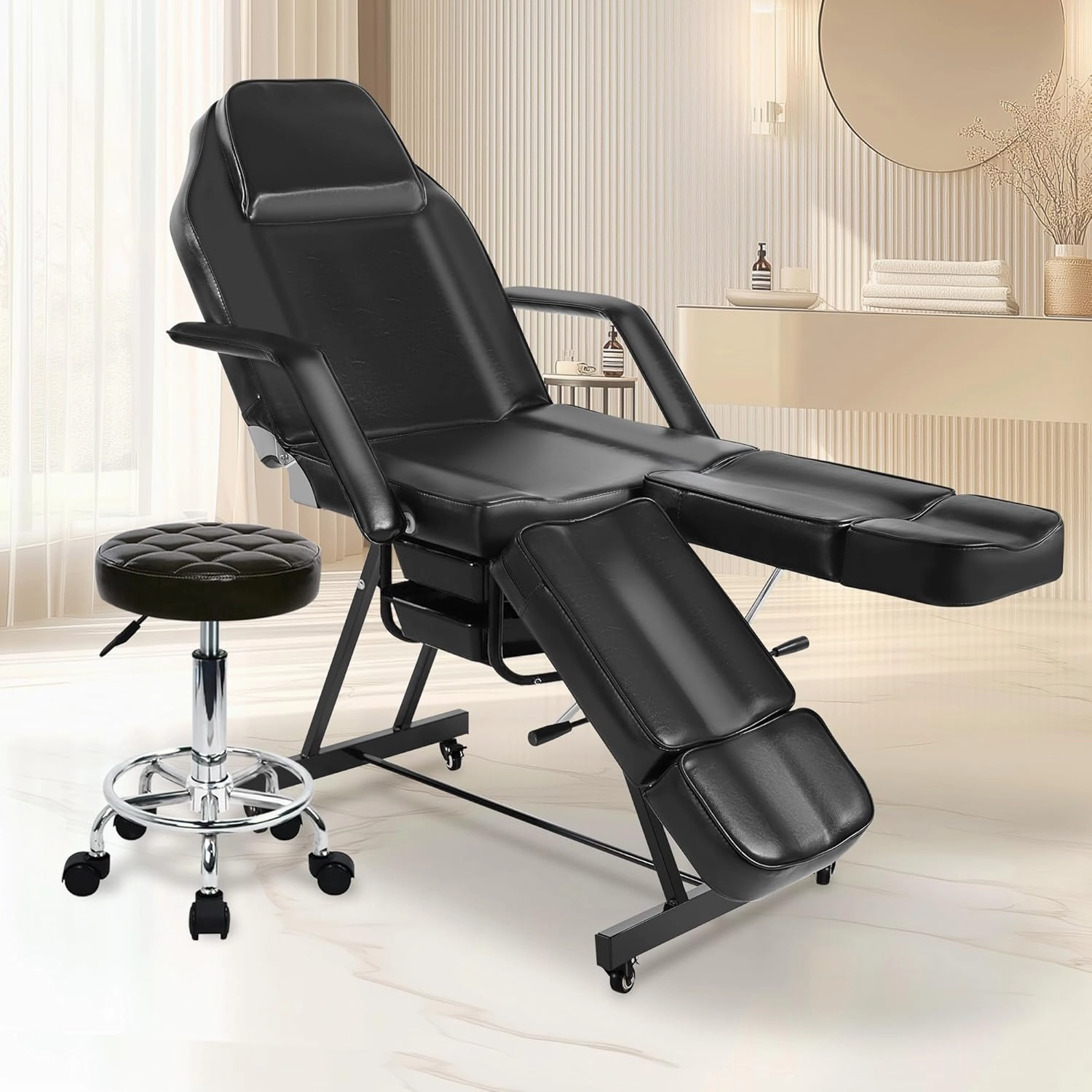 Tattoo Artist Chair Split Legs, Black Facial Chair for Esthetician with Wheels, Professional Extension Lash Bed Adjustable Massage Salon Inkbed Beauty Spa Table with Tray