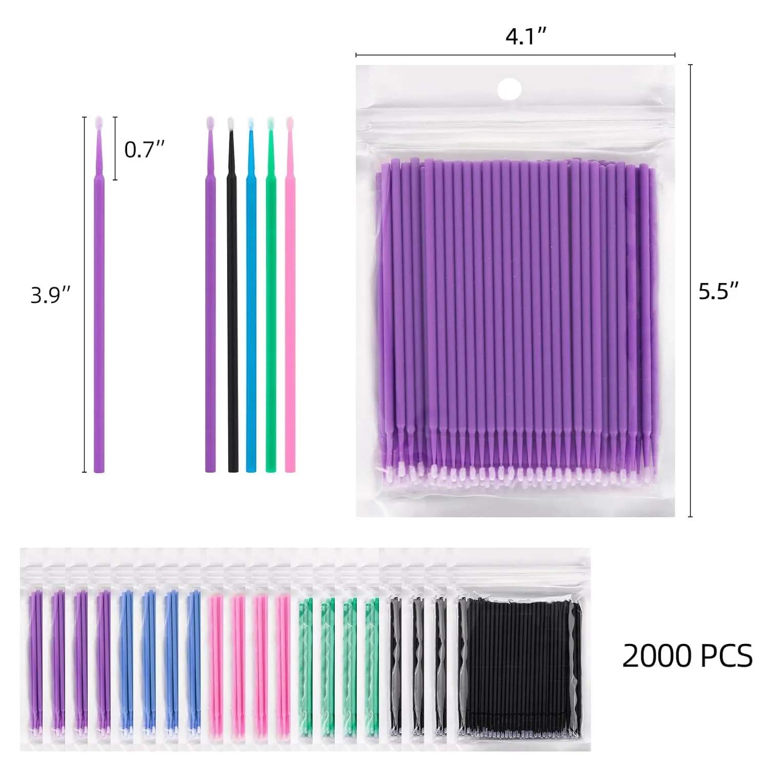 Tbestmax 2000 Pcs Micro Applicator Brush, Micro Swabs, Disposable Eye Lashes Mascara Wands for Eyelash Extension - 5 Colors