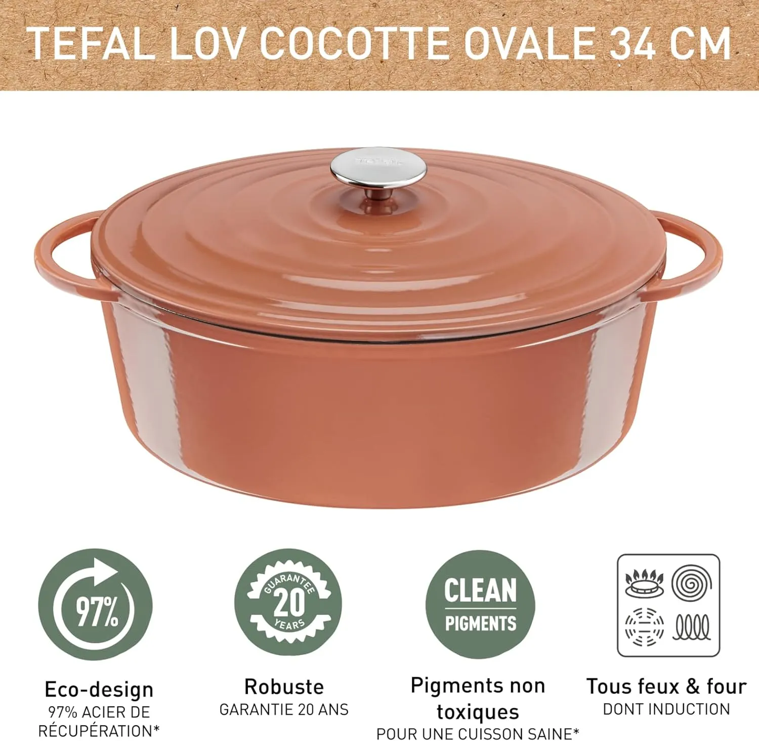 Tefal E26006 LOV Oval Roasting Dish 34 cm | Recovered Cast Iron | Optimal Heat Retention | Suitable for All Hobs | Suitable for Induction Cookers | Oven Safe up to 250 °C | Dishwasher Safe |