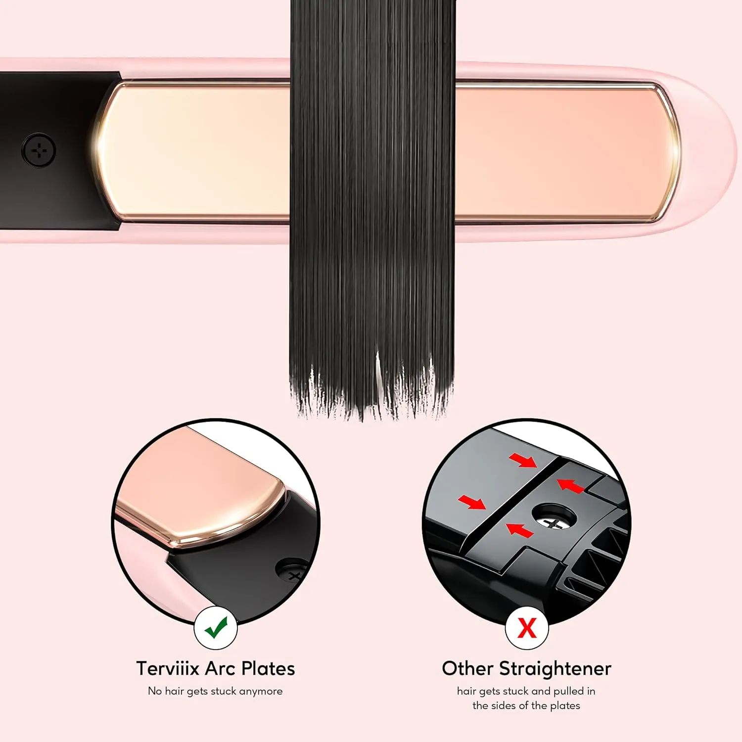 Terviiix Titanium Salon Professional Hair Straightener and Curler 2 in 1, ARC Non-Snagging Straightening Iron for One Swipe, 15s Ultra Fast Heating, 100-240V Dual Voltage, Auto Off, 1 inch Pink