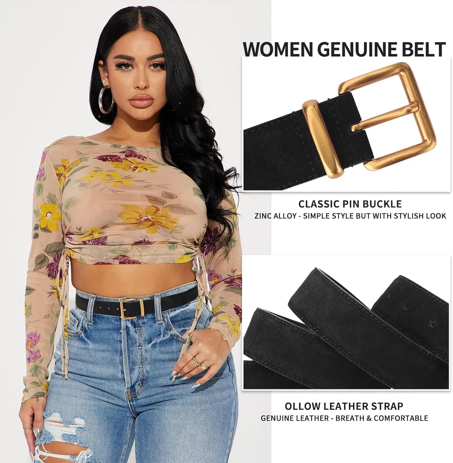 TINIDI Women Genuine Leather Belt for Jeans Pants Dress Fashion Ladies Waist Belt with Gold Buckle