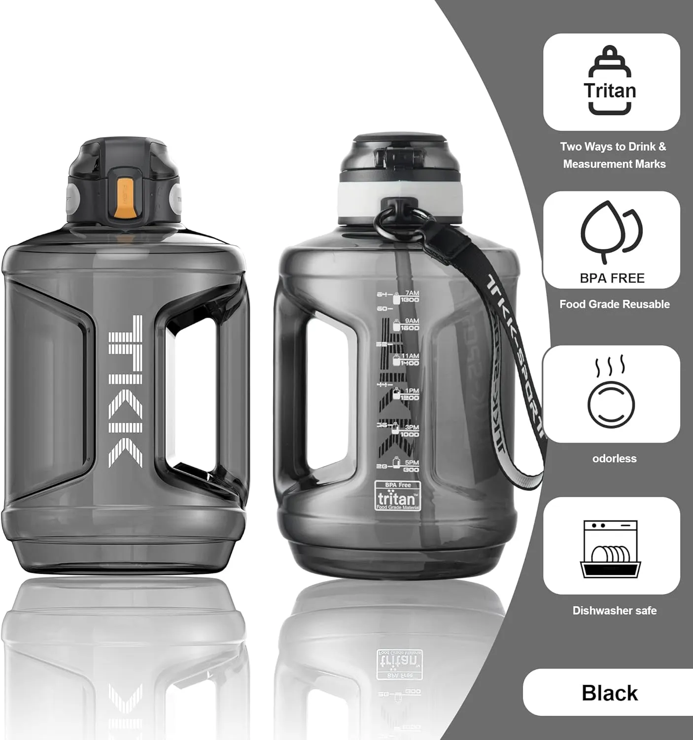 TKK Half Gallon 64oz Water Bottle with Times to Drink Large 64 oz Water Jug with Straw & Strap & Handle, BPA Free Big Water Bottle for Daily Drinking & Gym Workout