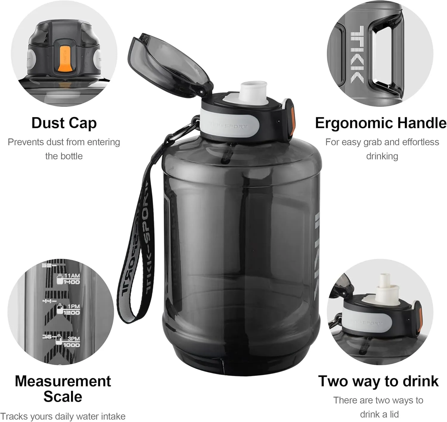 TKK Half Gallon 64oz Water Bottle with Times to Drink Large 64 oz Water Jug with Straw & Strap & Handle, BPA Free Big Water Bottle for Daily Drinking & Gym Workout