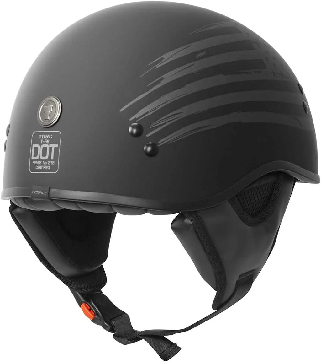 TORC T59 Motorcycle Half Helmet with Magnetic Buckle DOT Approved with 'Flag” Graphic (Matte Black Flag, Small)