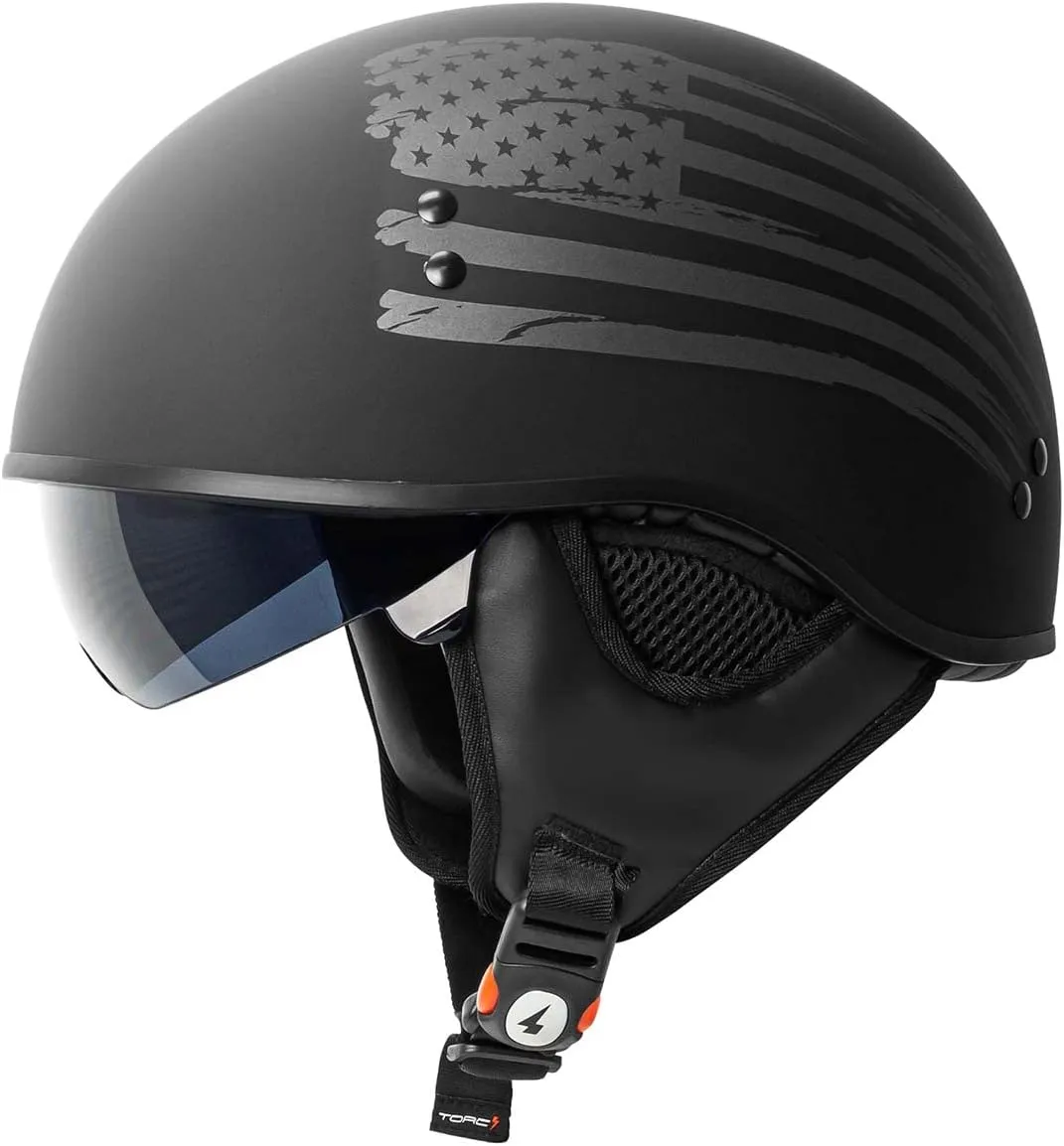 TORC T59 Motorcycle Half Helmet with Magnetic Buckle DOT Approved with 'Flag” Graphic (Matte Black Flag, Small)