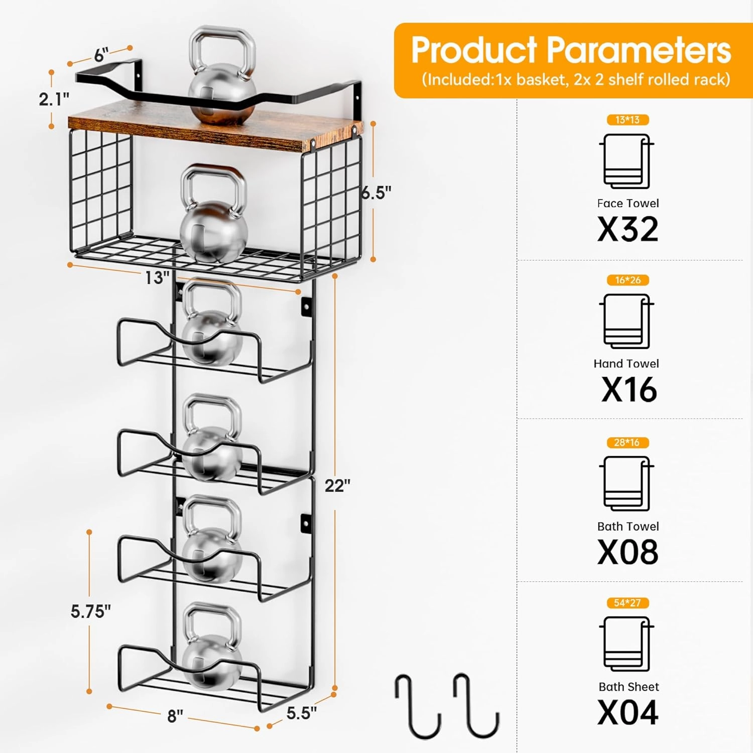 Towel Racks for Bathroom,Towel Rack Wall Mounted, 6 Tier Rolled Or Folded Towel Holder with Floating Shelves, Bathroom Towel Holder for Bath, Hand Towels,Metal and Wood