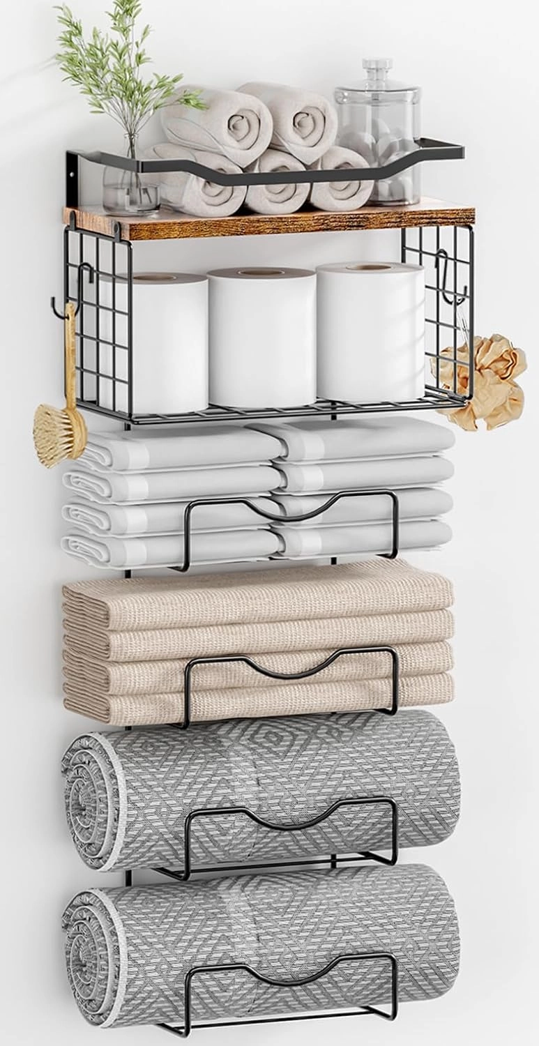 Towel Racks for Bathroom,Towel Rack Wall Mounted, 6 Tier Rolled Or Folded Towel Holder with Floating Shelves, Bathroom Towel Holder for Bath, Hand Towels,Metal and Wood