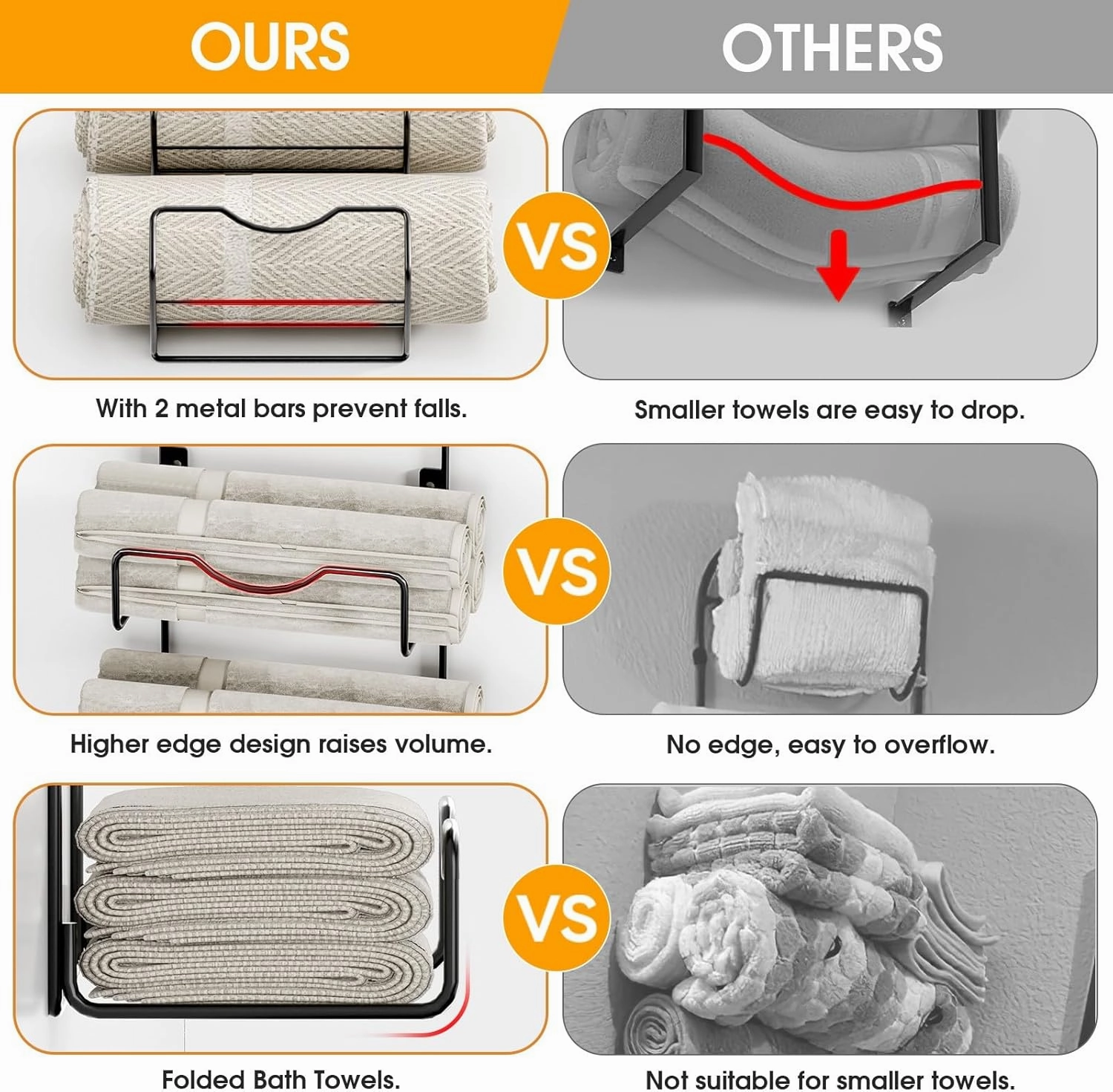 Towel Racks for Bathroom,Towel Rack Wall Mounted, 6 Tier Rolled Or Folded Towel Holder with Floating Shelves, Bathroom Towel Holder for Bath, Hand Towels,Metal and Wood