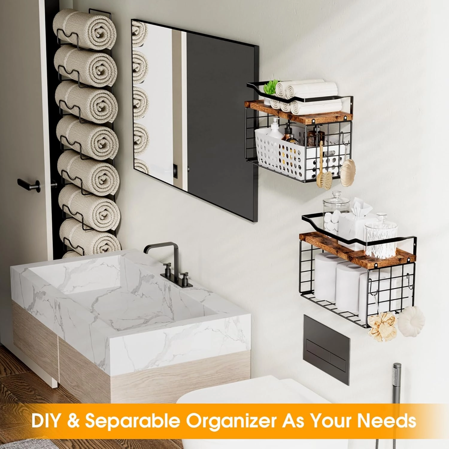 Towel Racks for Bathroom,Towel Rack Wall Mounted, 6 Tier Rolled Or Folded Towel Holder with Floating Shelves, Bathroom Towel Holder for Bath, Hand Towels,Metal and Wood