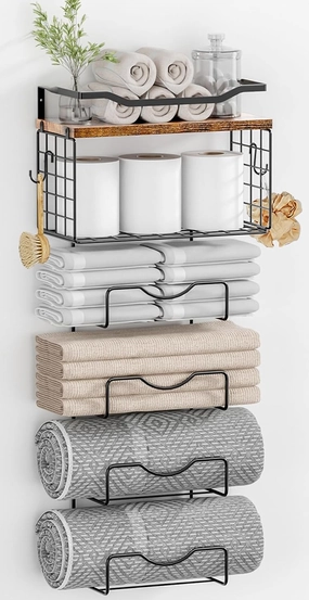Towel Racks for Bathroom,Towel Rack Wall Mounted, 6 Tier Rolled Or Folded Towel Holder with Floating Shelves, Bathroom Towel Holder for Bath, Hand Towels,Metal and Wood