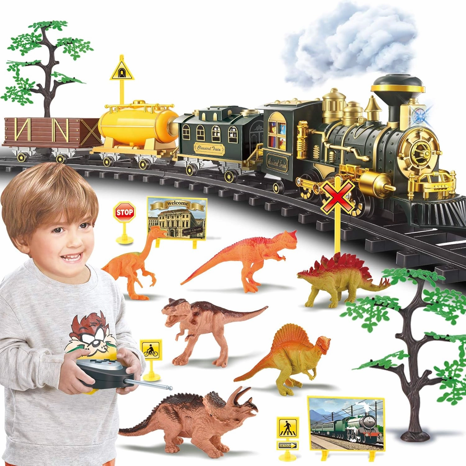 Train Set for Christmas Tree, Updated Large Remote Control Electric Train Toy for Boys Girls w/Smokes, Lights & Sound, Railway Kits w/Steam Locomotive Engine, for 2 3 4 5 6 7 8  Year Old Kids