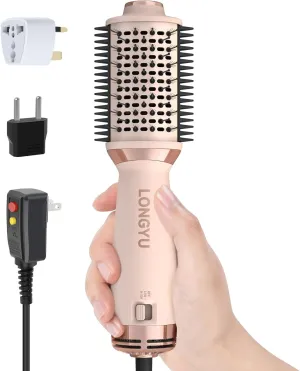 Travel Hair Dryer Brush Dual Voltage Mini Hot Air Blow Dryer Curler Brush Round Blowout Styler Volumizer Tools, 110/240V US/EU/UK Plug for International Travel (Pink)