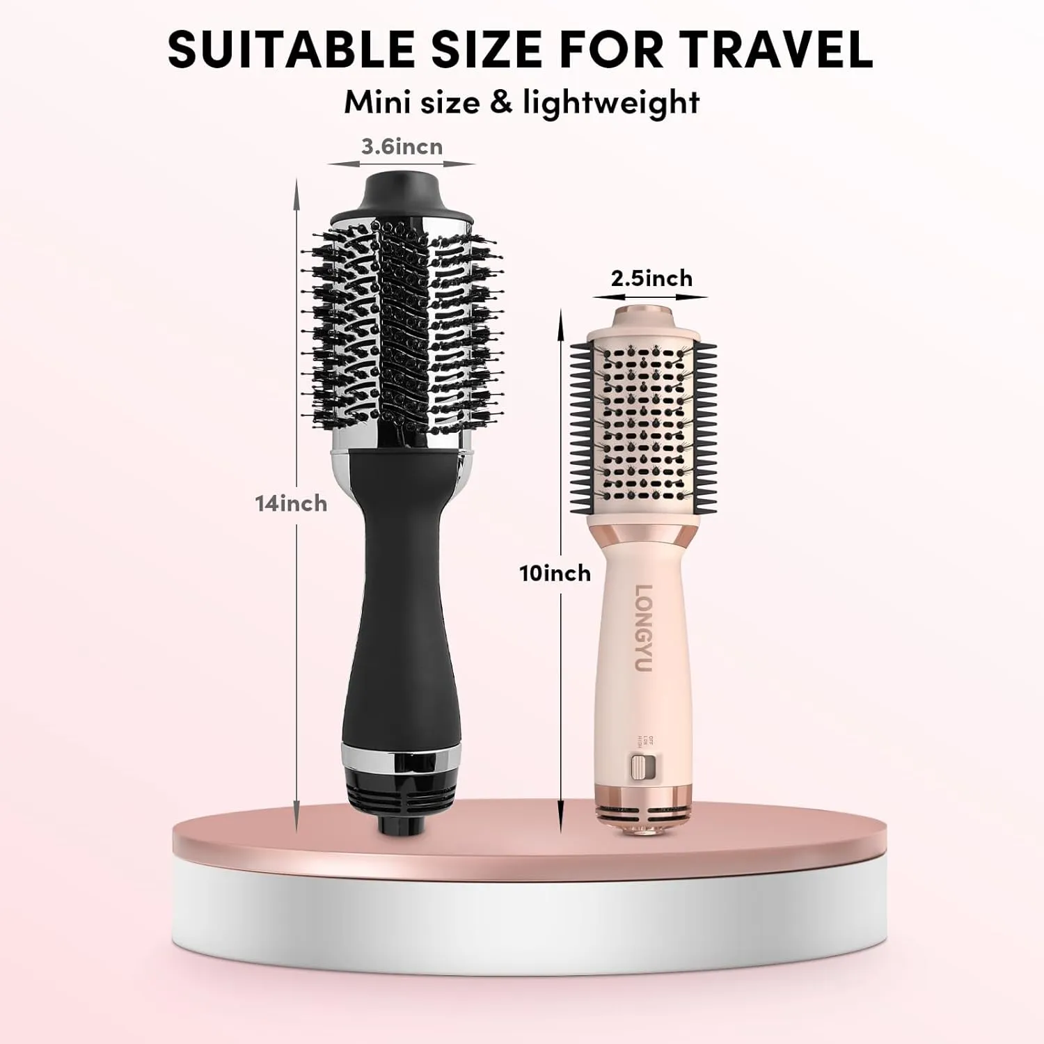 Travel Hair Dryer Brush Dual Voltage Mini Hot Air Blow Dryer Curler Brush Round Blowout Styler Volumizer Tools, 110/240V US/EU/UK Plug for International Travel (Pink)