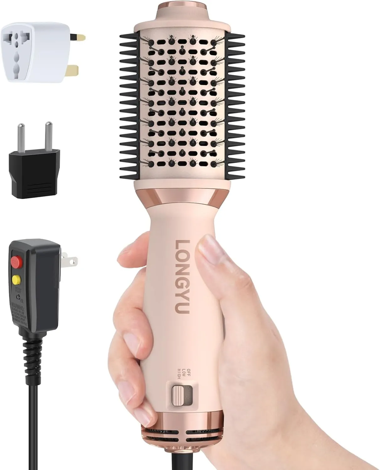 Travel Hair Dryer Brush Dual Voltage Mini Hot Air Blow Dryer Curler Brush Round Blowout Styler Volumizer Tools, 110/240V US/EU/UK Plug for International Travel (Pink)