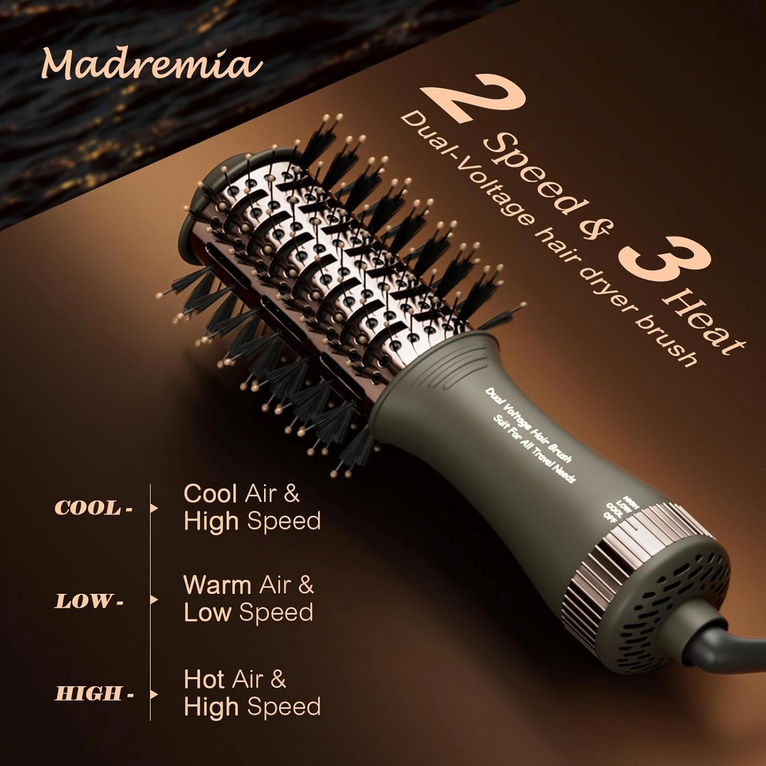 Travel Dual Voltage Blow Hair Dryer Brush 4-IN-1 Portable Mini Hot Air Dryer Straightener & Curler Brush, Titanium Round Blowout Styler Volumizer Tools, 110/240V US/EU/UK Plug for International Travel