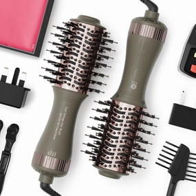 Travel Dual Voltage Blow Hair Dryer Brush 4-IN-1 Portable Mini Hot Air Dryer Straightener & Curler Brush, Titanium Round Blowout Styler Volumizer Tools, 110/240V US/EU/UK Plug for International Travel