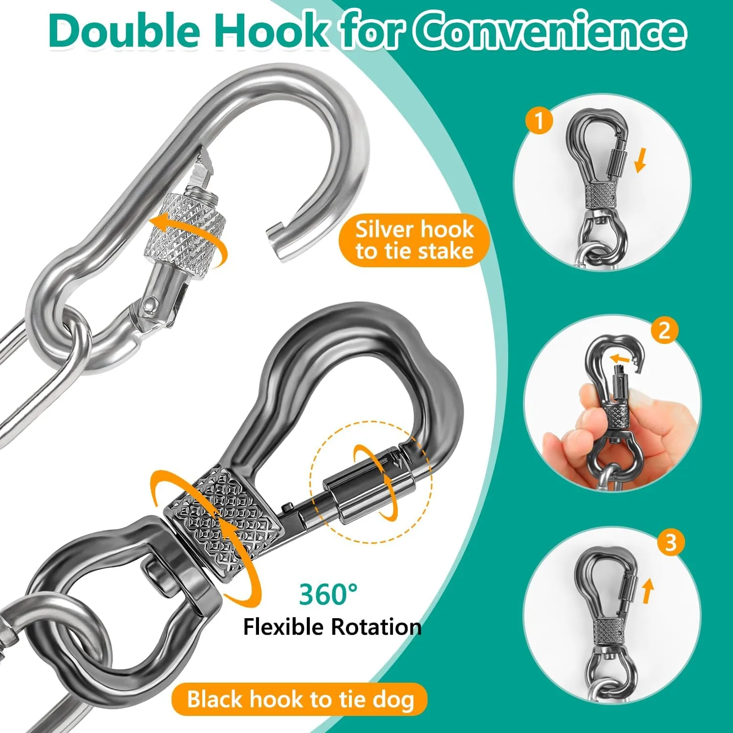 Tresbro Heavy Duty Dog Chains for Outside, 15FT Stainless Steel Tie Out Cable with Swivel Hook for Small Medium Dogs, Metal Chew Proof Pet Runner Chain Leash Lead for Outdoor Camping Hiking Yard, 3MM
