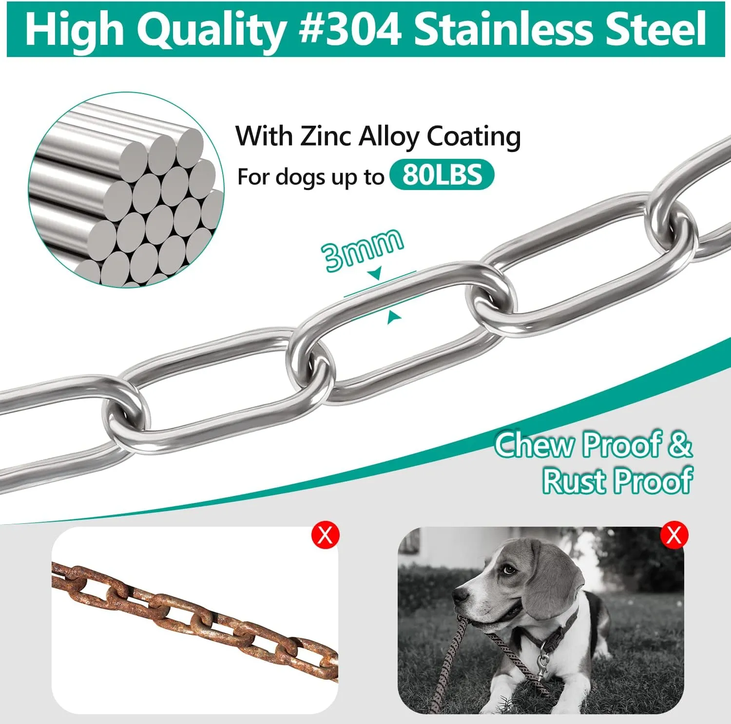 Tresbro Heavy Duty Dog Chains for Outside, 15FT Stainless Steel Tie Out Cable with Swivel Hook for Small Medium Dogs, Metal Chew Proof Pet Runner Chain Leash Lead for Outdoor Camping Hiking Yard, 3MM