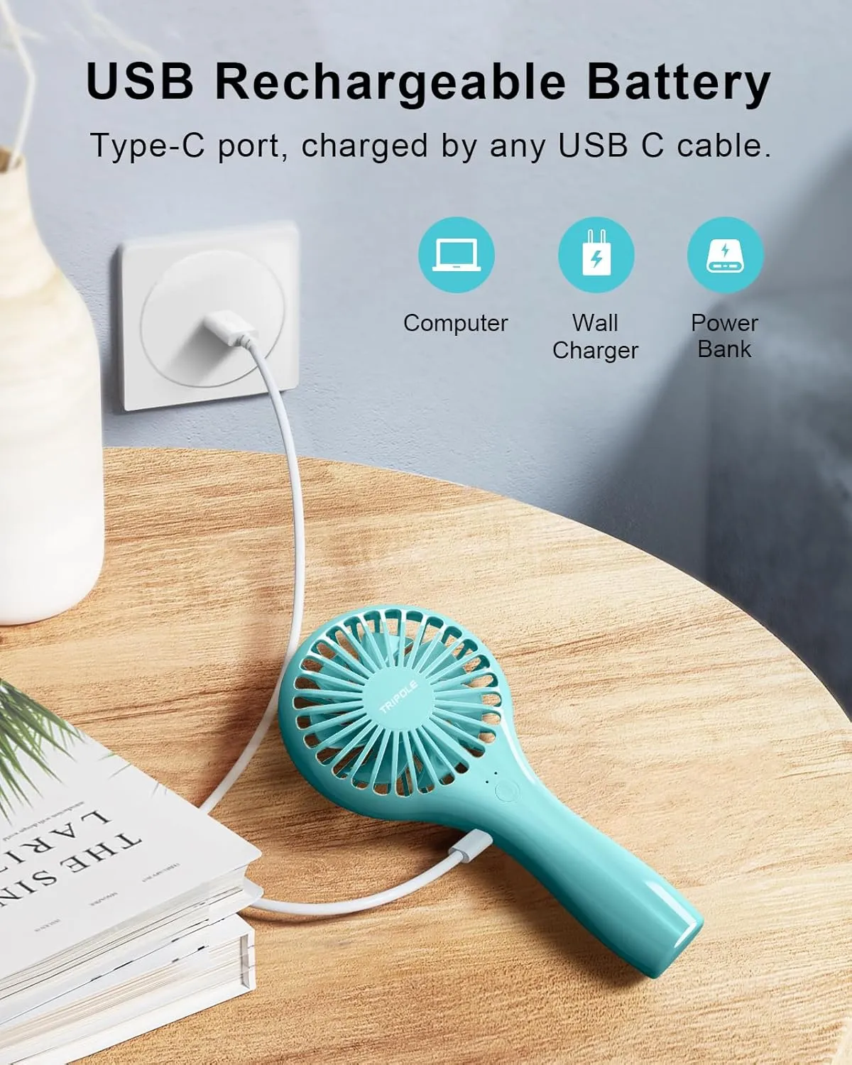 TriPole 2 Pack Handheld Mini Portable Fans Blue, Rechargeable Battery Operated Small Fan for Outdoor Travel Kids Trip, Cute Design Powerful Personal Lash Dryer for Makeup Eyelash Extensions