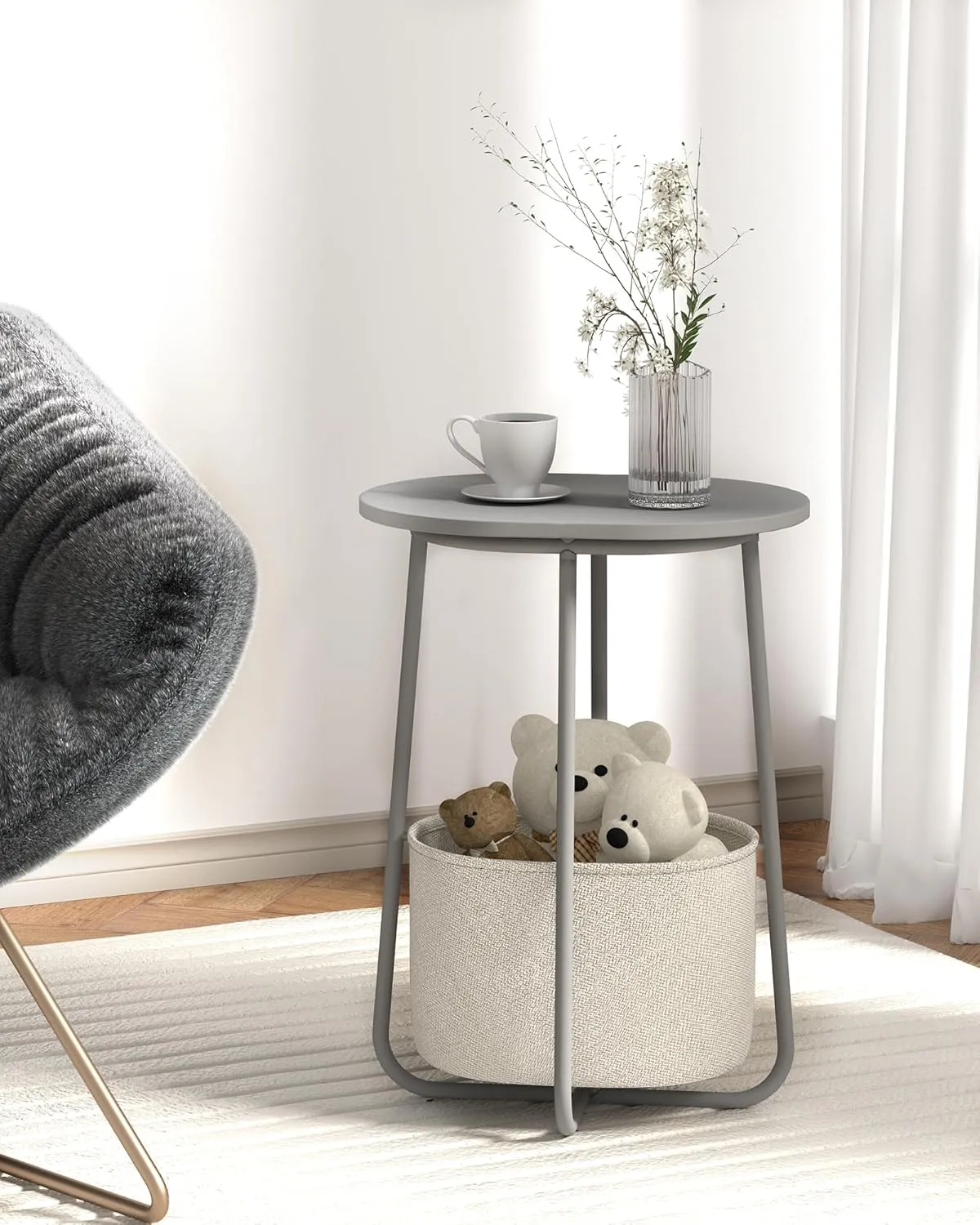 TUTOTAK Small Side Table, Oval End Table, Night Stand, Bedside Table, Set of 2, Sofa Table with Cloth Storage Basket, Living Room, Bed Room, Dark Grey TB01BH0632