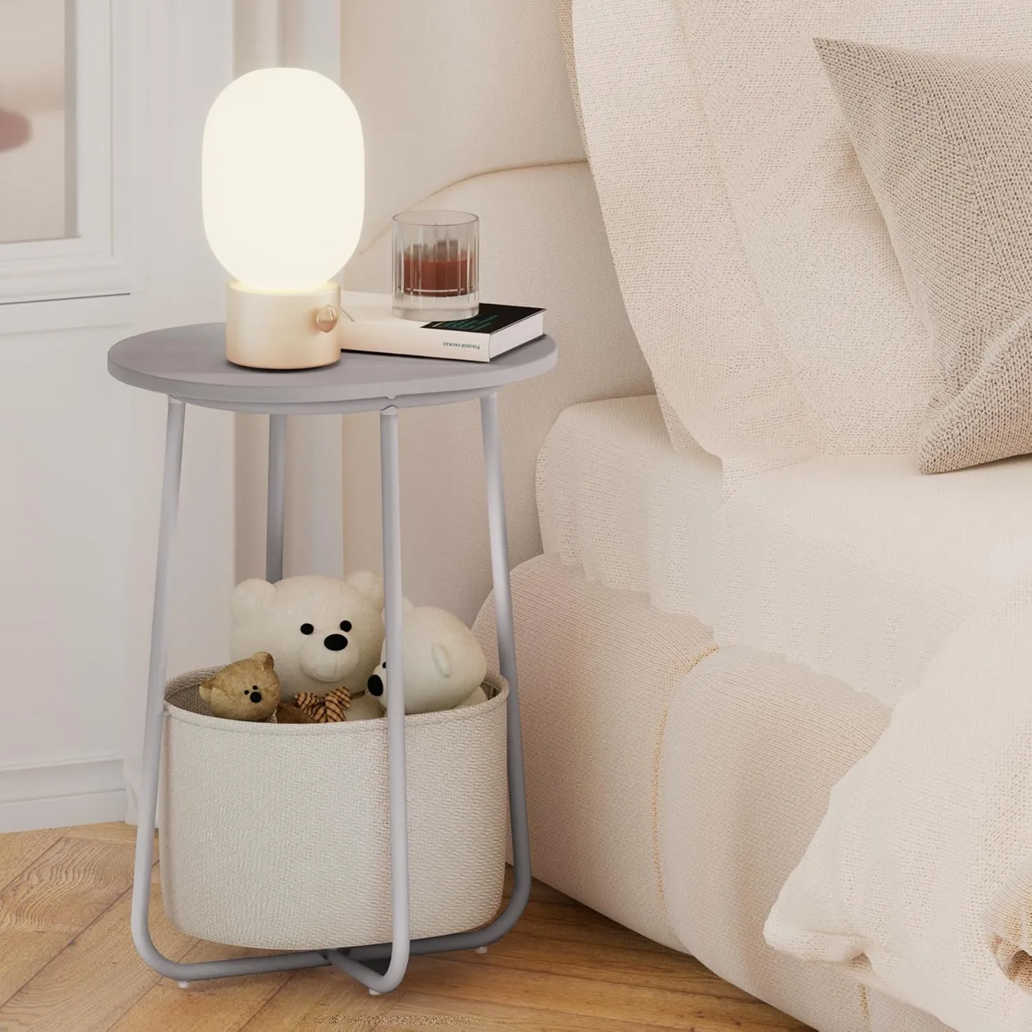 TUTOTAK Small Side Table, Oval End Table, Night Stand, Bedside Table, Set of 2, Sofa Table with Cloth Storage Basket, Living Room, Bed Room, Dark Grey TB01BH0632