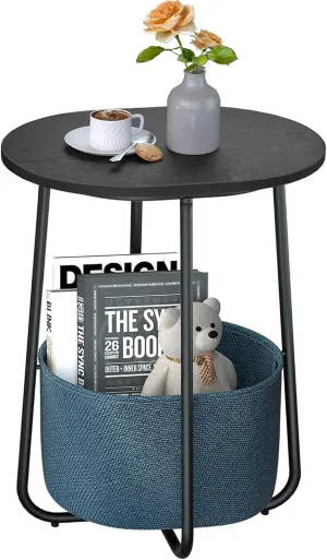 TUTOTAK Small Side Table, Oval End Table, Night Stand, Bedside Table, Sofa Table with Cloth Storage Basket, Living Room, Bed Room, Black TB01BK063