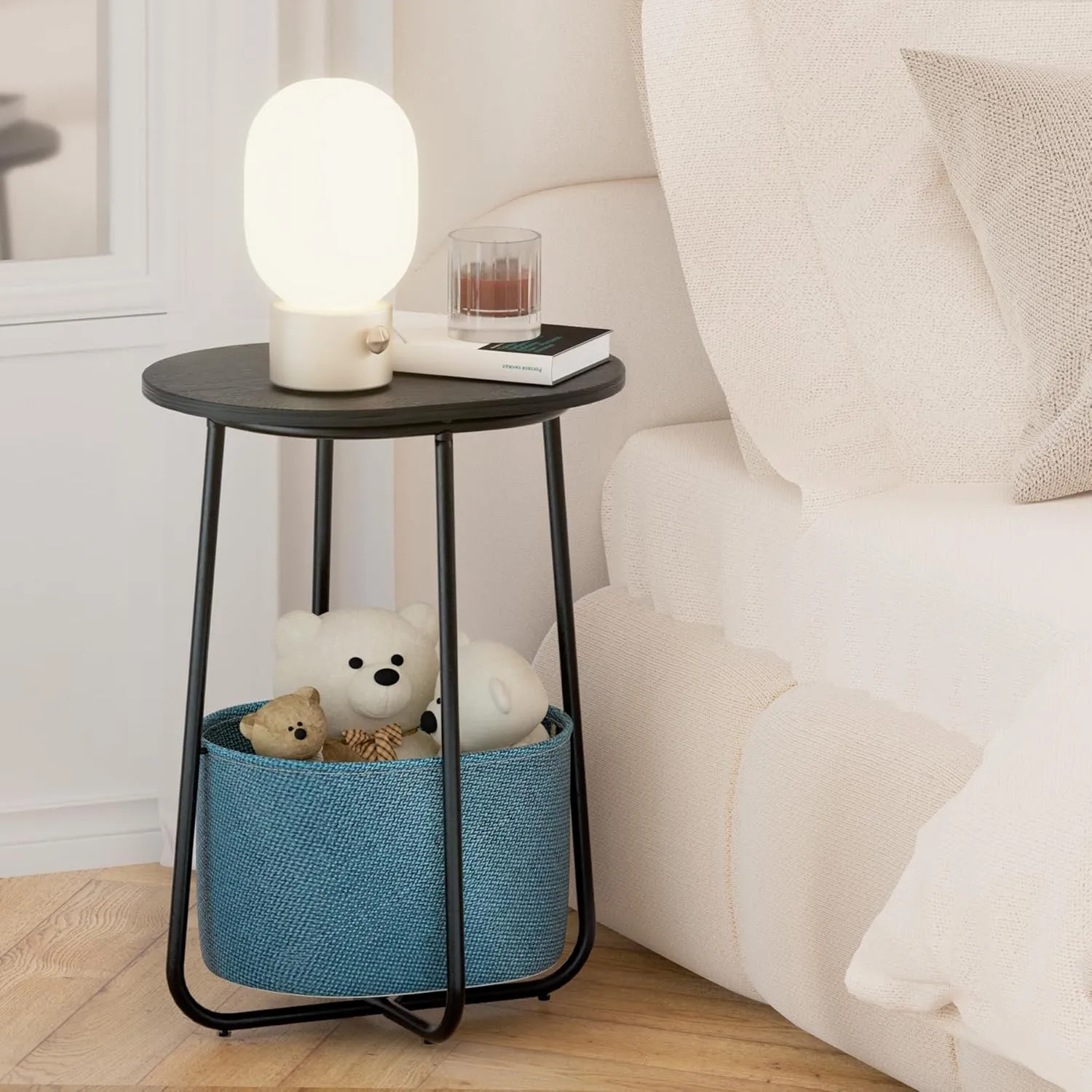 TUTOTAK Small Side Table, Oval End Table, Night Stand, Bedside Table, Sofa Table with Cloth Storage Basket, Living Room, Bed Room, Black TB01BK063