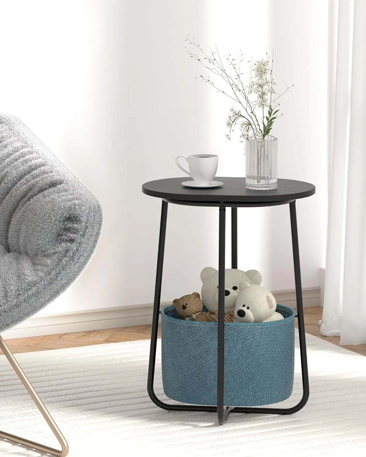 TUTOTAK Small Side Table, Oval End Table, Night Stand, Bedside Table, Sofa Table with Cloth Storage Basket, Living Room, Bed Room, Black TB01BK063