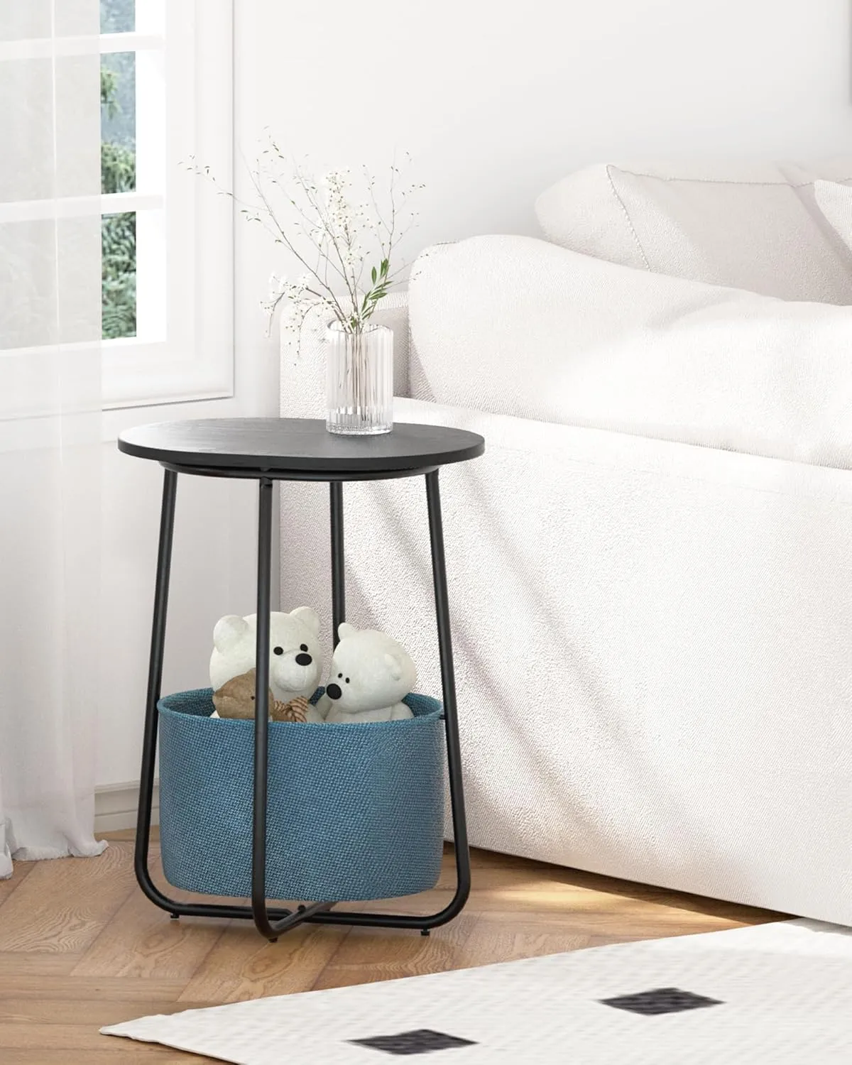 TUTOTAK Small Side Table, Oval End Table, Night Stand, Bedside Table, Sofa Table with Cloth Storage Basket, Living Room, Bed Room, Black TB01BK063