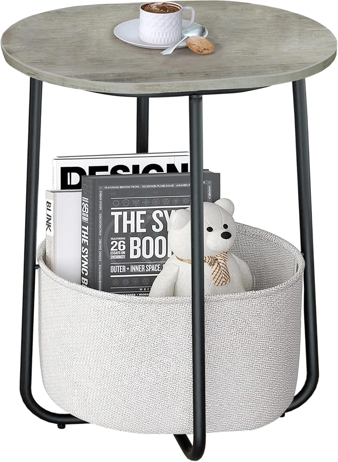 TUTOTAK Small Side Table, Oval End Table, Night Stand, Bedside Table, Sofa Table with Cloth Storage Basket, Living Room, Bed Room, Greige TB01BG063