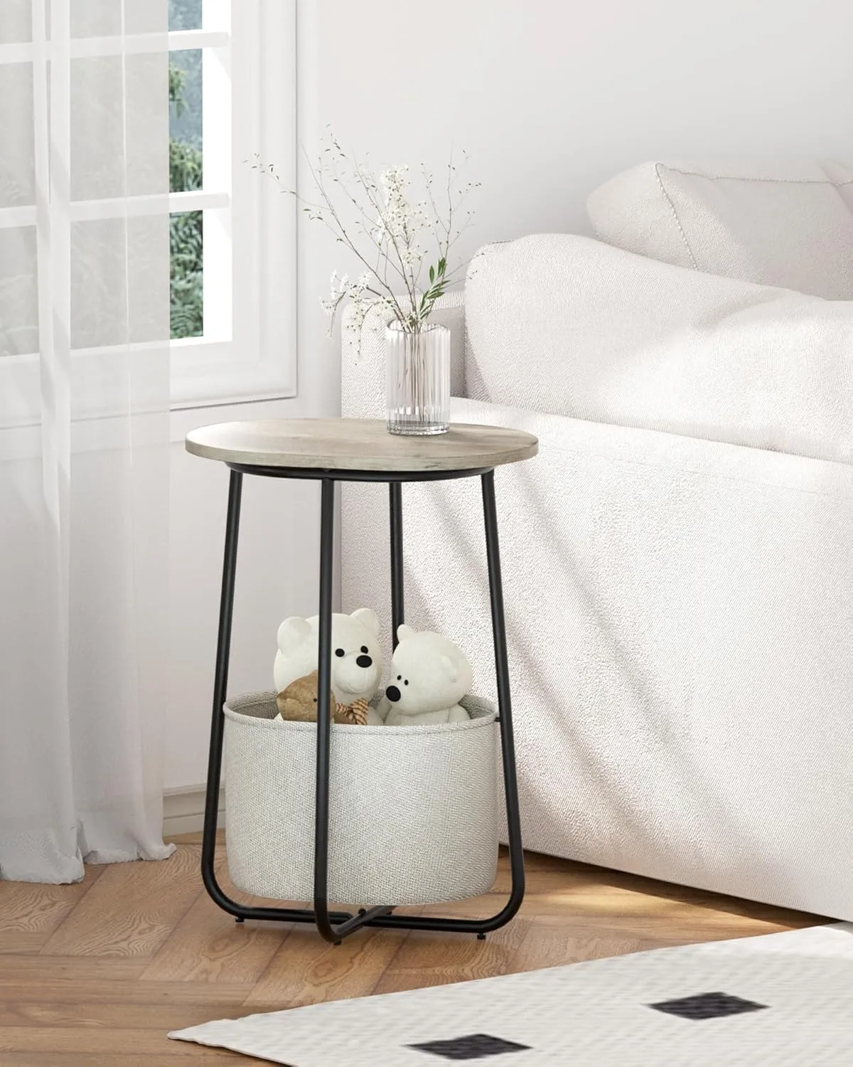 TUTOTAK Small Side Table, Oval End Table, Night Stand, Bedside Table, Sofa Table with Cloth Storage Basket, Living Room, Bed Room, Greige TB01BG063