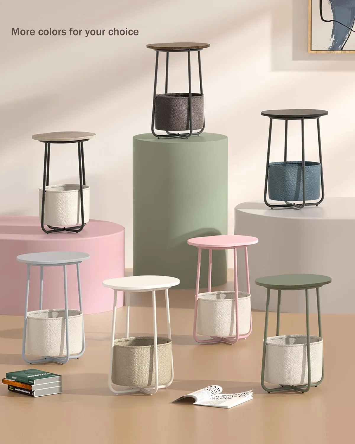 TUTOTAK Small Side Table, Oval End Table, Night Stand, Bedside Table, Sofa Table with Cloth Storage Basket, Living Room, Bed Room, Olive Green TB01BOG063