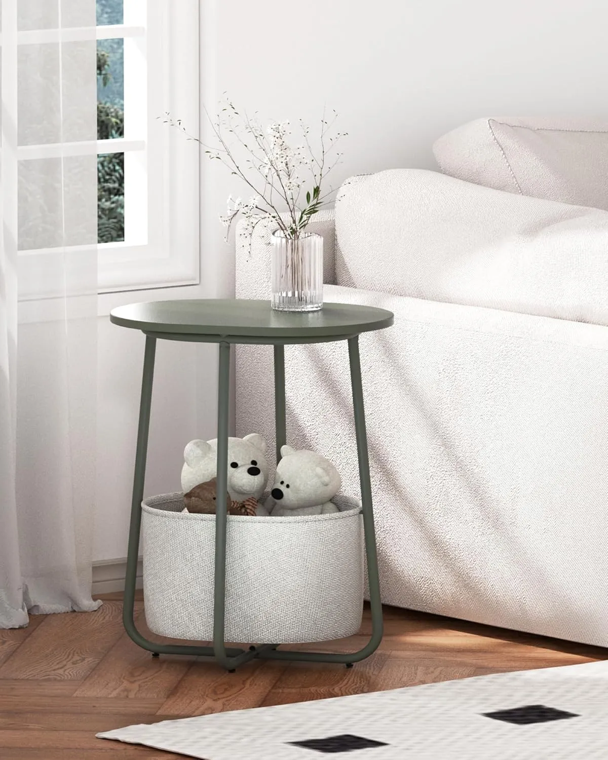 TUTOTAK Small Side Table, Oval End Table, Night Stand, Bedside Table, Sofa Table with Cloth Storage Basket, Living Room, Bed Room, Olive Green TB01BOG063