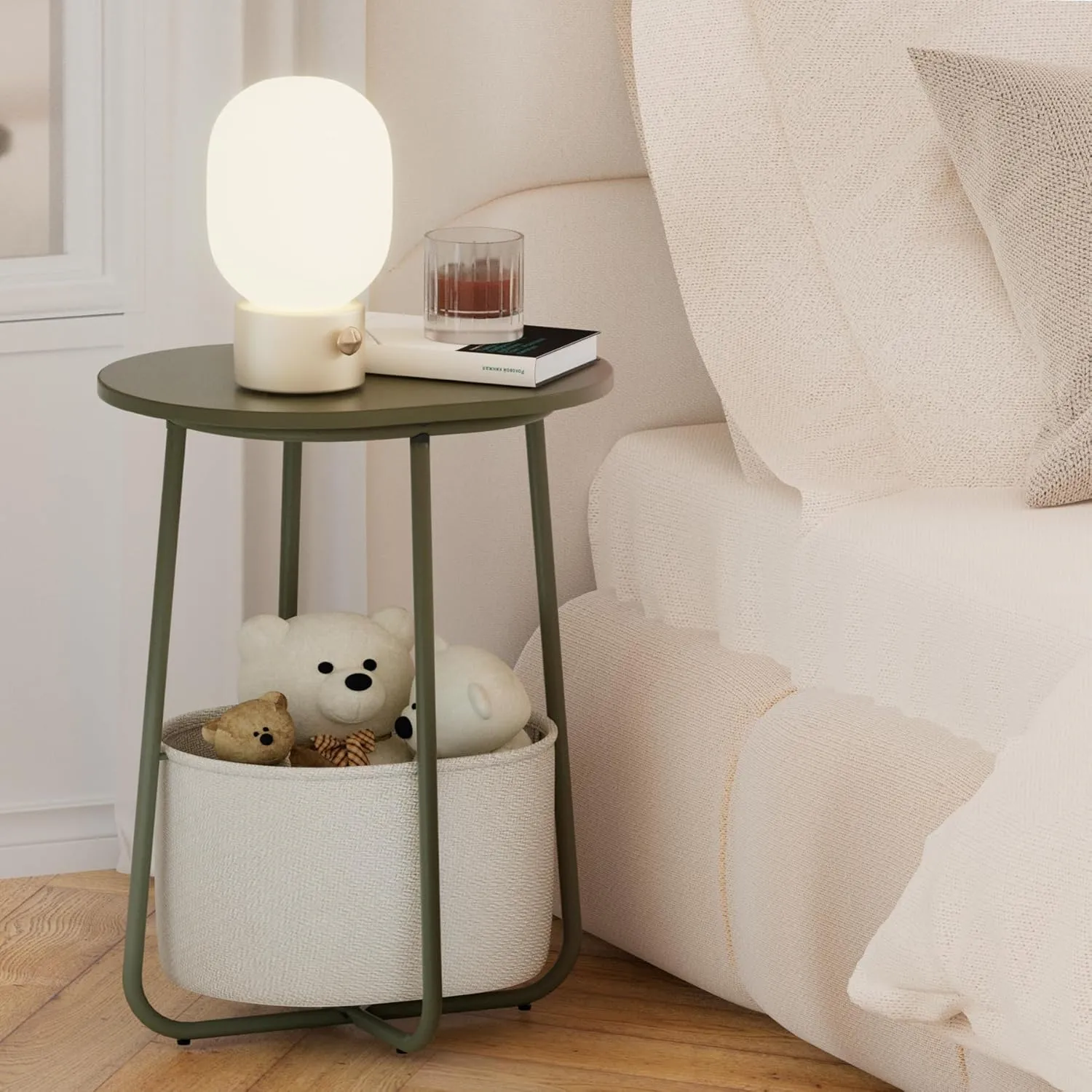 TUTOTAK Small Side Table, Oval End Table, Night Stand, Bedside Table, Sofa Table with Cloth Storage Basket, Living Room, Bed Room, Olive Green TB01BOG063