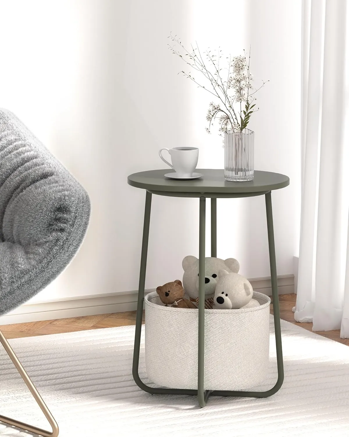 TUTOTAK Small Side Table, Oval End Table, Night Stand, Bedside Table, Sofa Table with Cloth Storage Basket, Living Room, Bed Room, Olive Green TB01BOG063