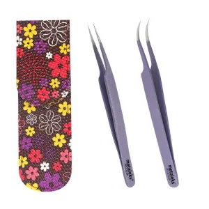 Tweezers for Eyelash Extension - Straight and Curved Pointed Tweezers - Professional Stainless Steel Precision Tweezers set - 2 Pcs - With Pouch In Purple Powder Coating