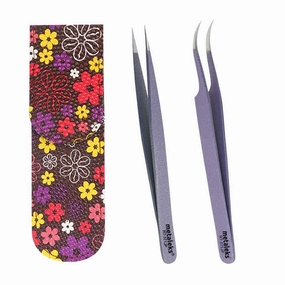 Tweezers for Eyelash Extension - Straight and Curved Pointed Tweezers - Professional Stainless Steel Precision Tweezers set - 2 Pcs - With Pouch In Purple Powder Coating
