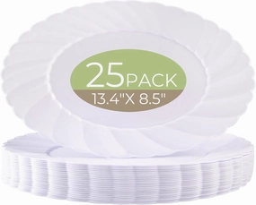 U-QE 25 Count Oval White Plastic Plates - 13.4 inch Large Disposable Plates Heavy Duty, Ideal for Party, BBQ, Picnic and Weddings