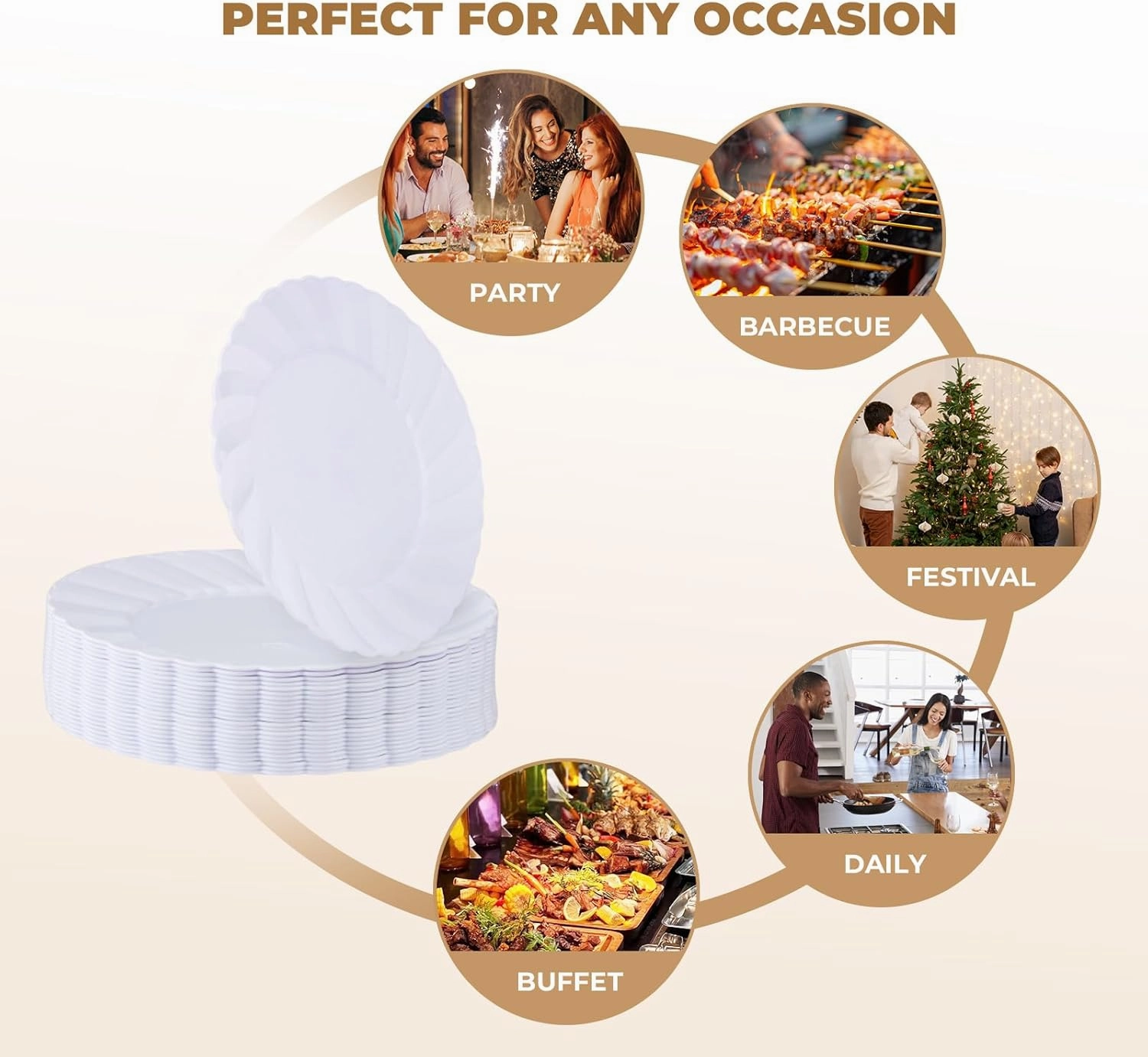 U-QE 25 Count Oval White Plastic Plates - 13.4 inch Large Disposable Plates Heavy Duty, Ideal for Party, BBQ, Picnic and Weddings