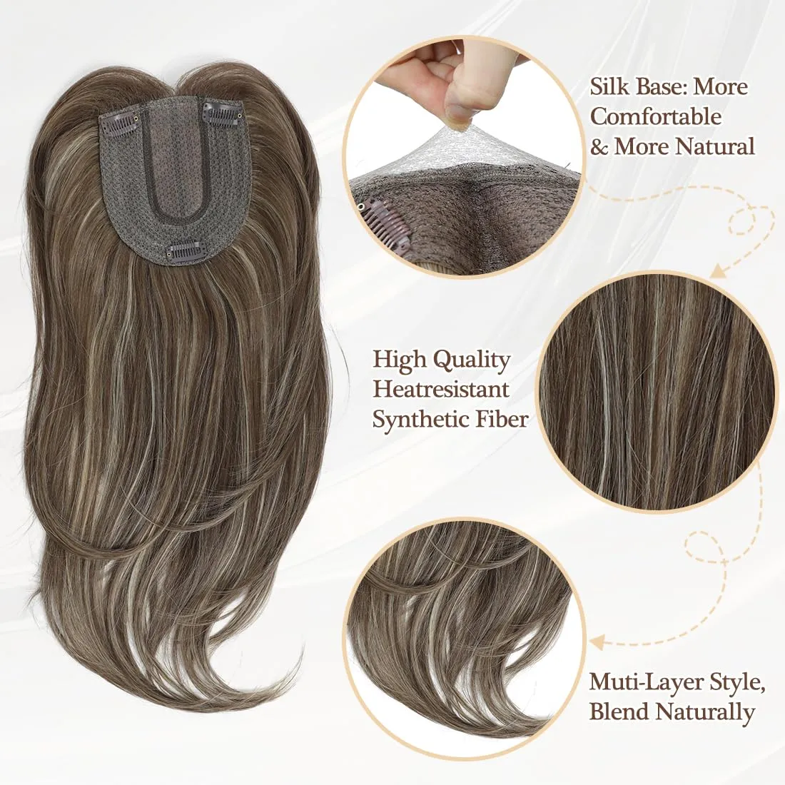 UDU Hair Toppers for Women for Thin Hair Highlights Synthetic Fiber Hair Toppers Hair Pieces for Women Ladies Ash Brown Muti-layer Long Straight Wavy Clip in Wiglets with Fringe bangs